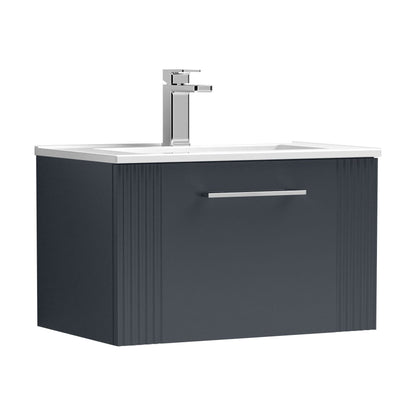 [BFPF1494B] Partial Fluted 1 Drawer Wall Hung Vanity Unit with 1 Tap Hole Minimalist Basin - 600mm - Satin Dark Grey - Cutout