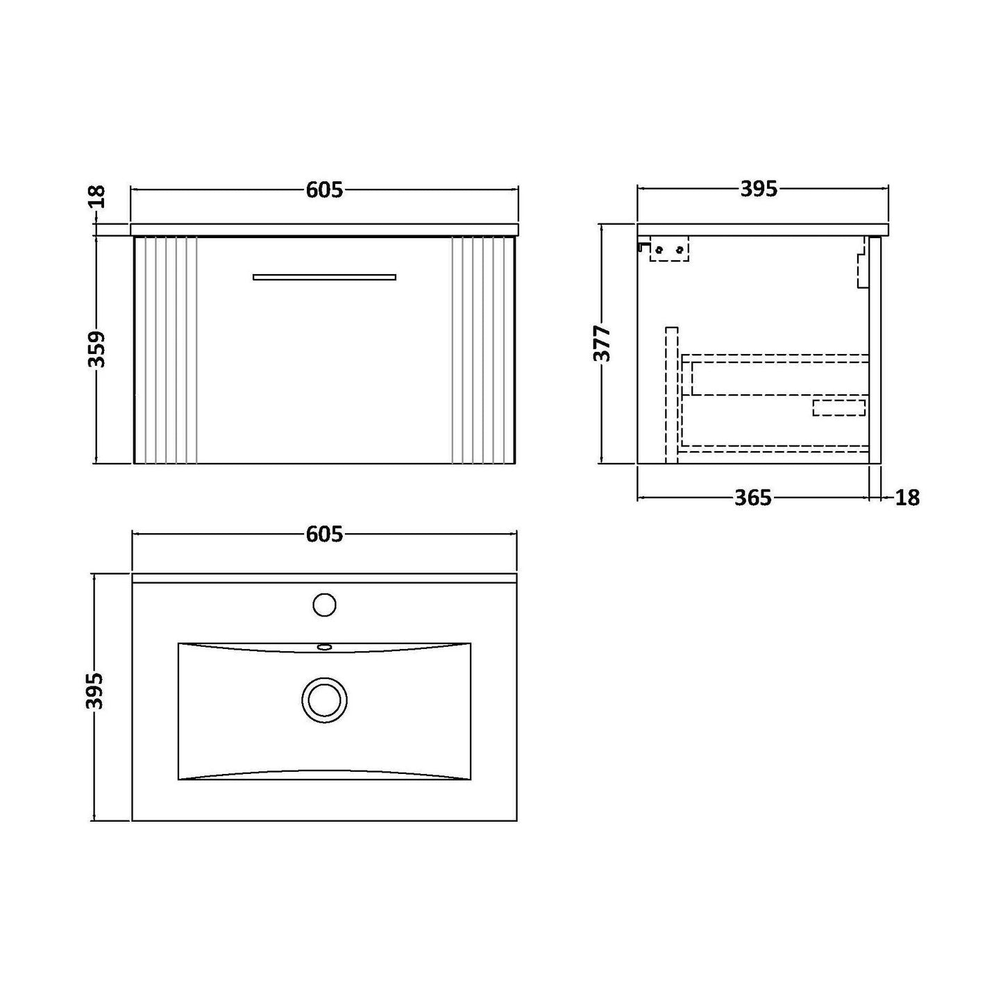 [BFPF1494B] Partial Fluted 1 Drawer Wall Hung Vanity Unit with 1 Tap Hole Minimalist Basin - 600mm - Satin Dark Grey - Technical Drawing