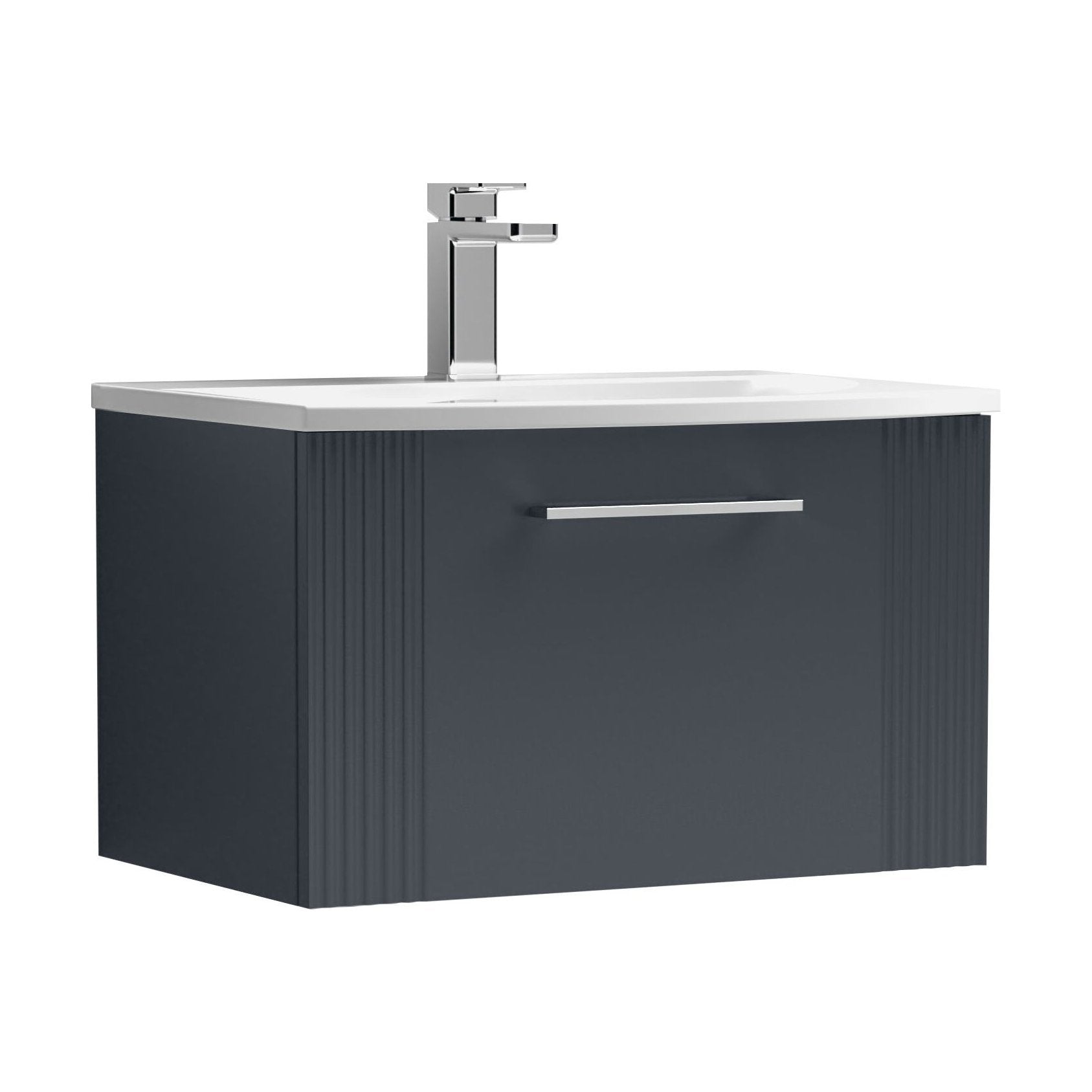 [BFPF1494G] Partial Fluted 1 Drawer Wall Hung Vanity Unit with 1 Tap Hole Curved Basin- 600mm - Satin Dark Grey - Cutout