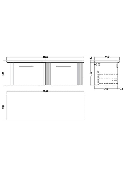 [BFPF1494LCM2] Belvide Retro Partial Fluted 1 Drawer Wall Hung Vanity Unit with Carrera Marble Laminate Worktop, Choice of Colour - Line Drawing