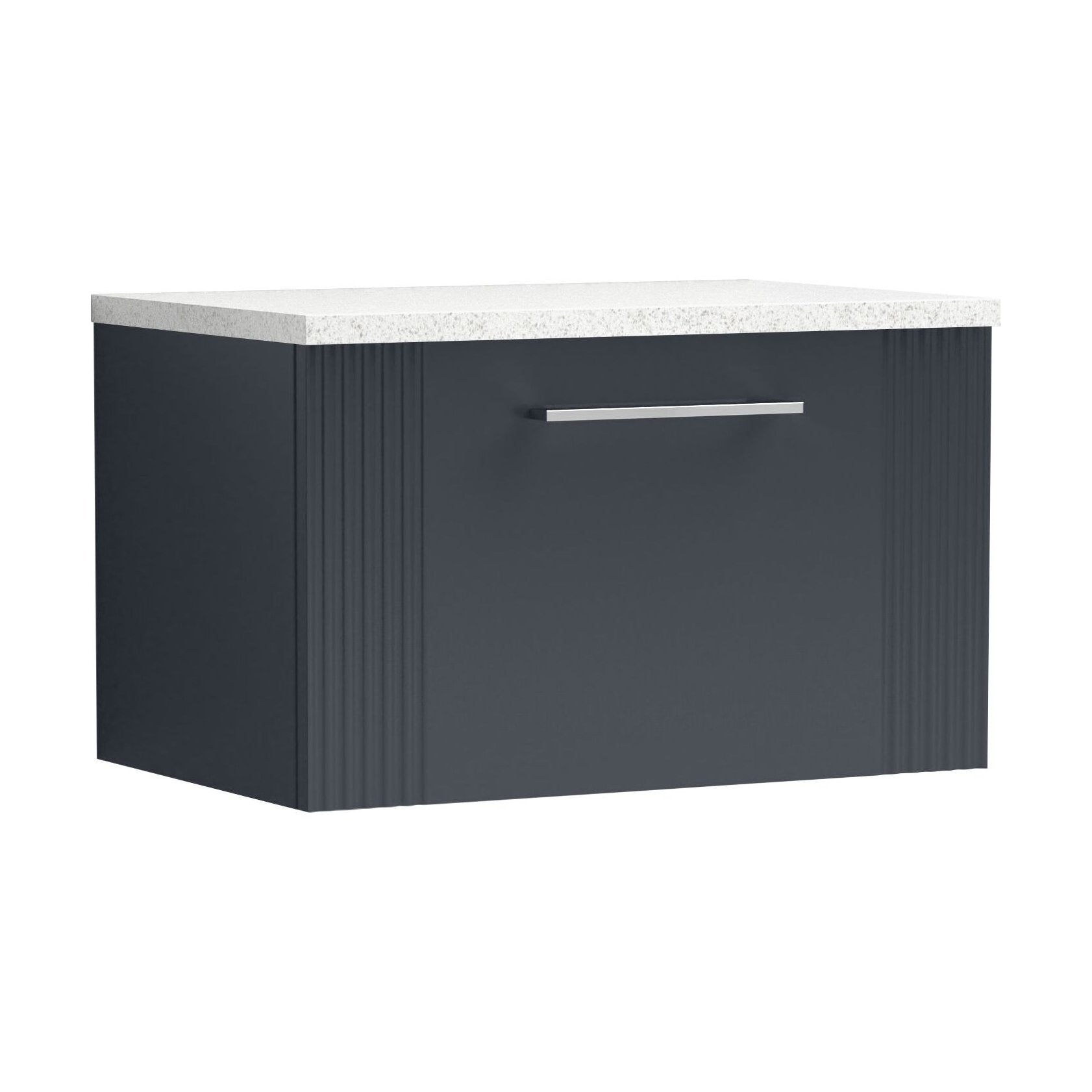 [BFPF1494LSW] Partial Fluted 1 Drawer Wall Hung Vanity Unit with Sparkling White Laminate Worktop - 600mm - Satin Dark Grey - Cutout