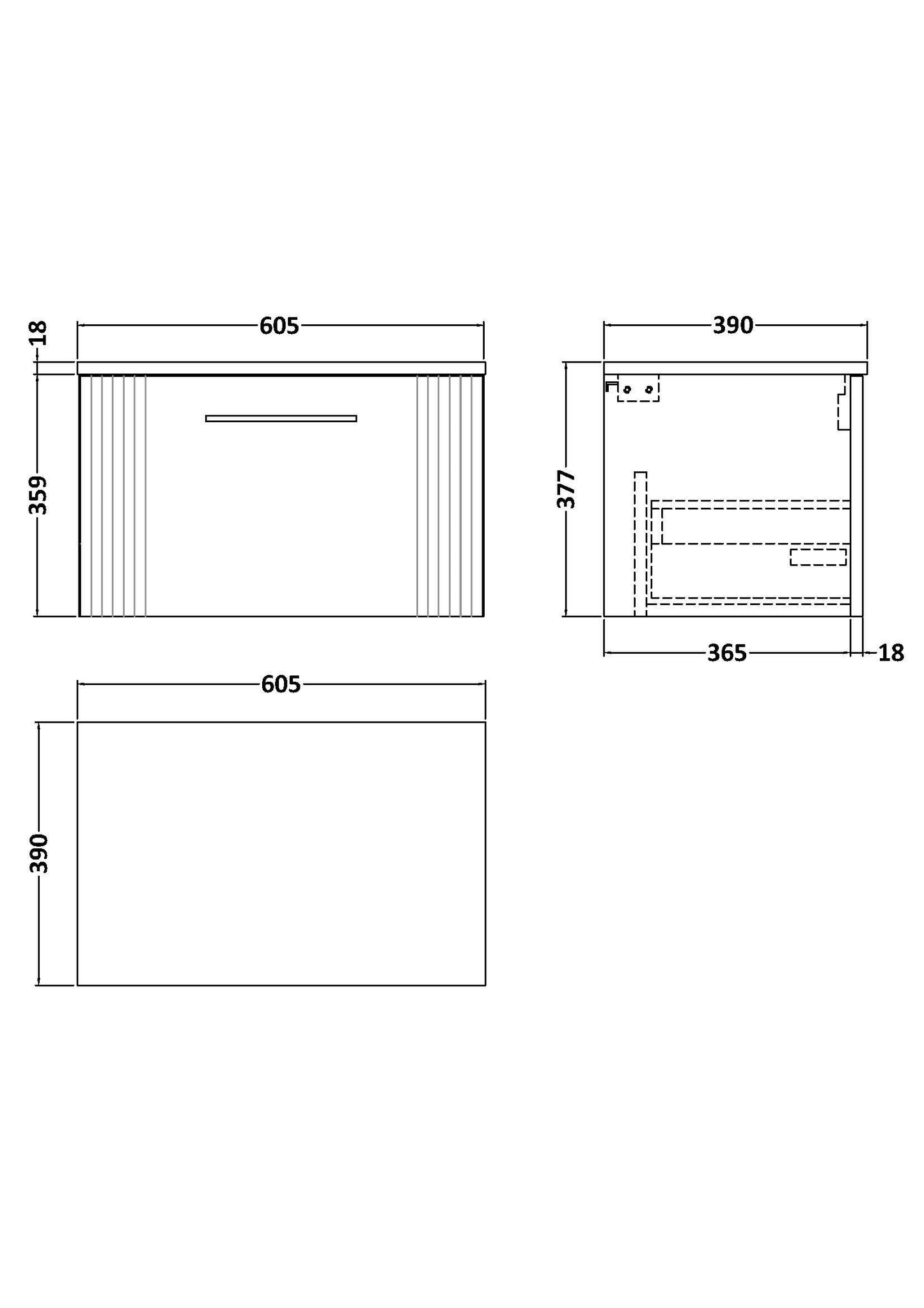 [BFPF1494W] Belvide Retro Partial Fluted 1 Drawer Wall Hung Vanity Unit with Colour Coordinating Worktop, Choice of Size and Colour - Line Drawing