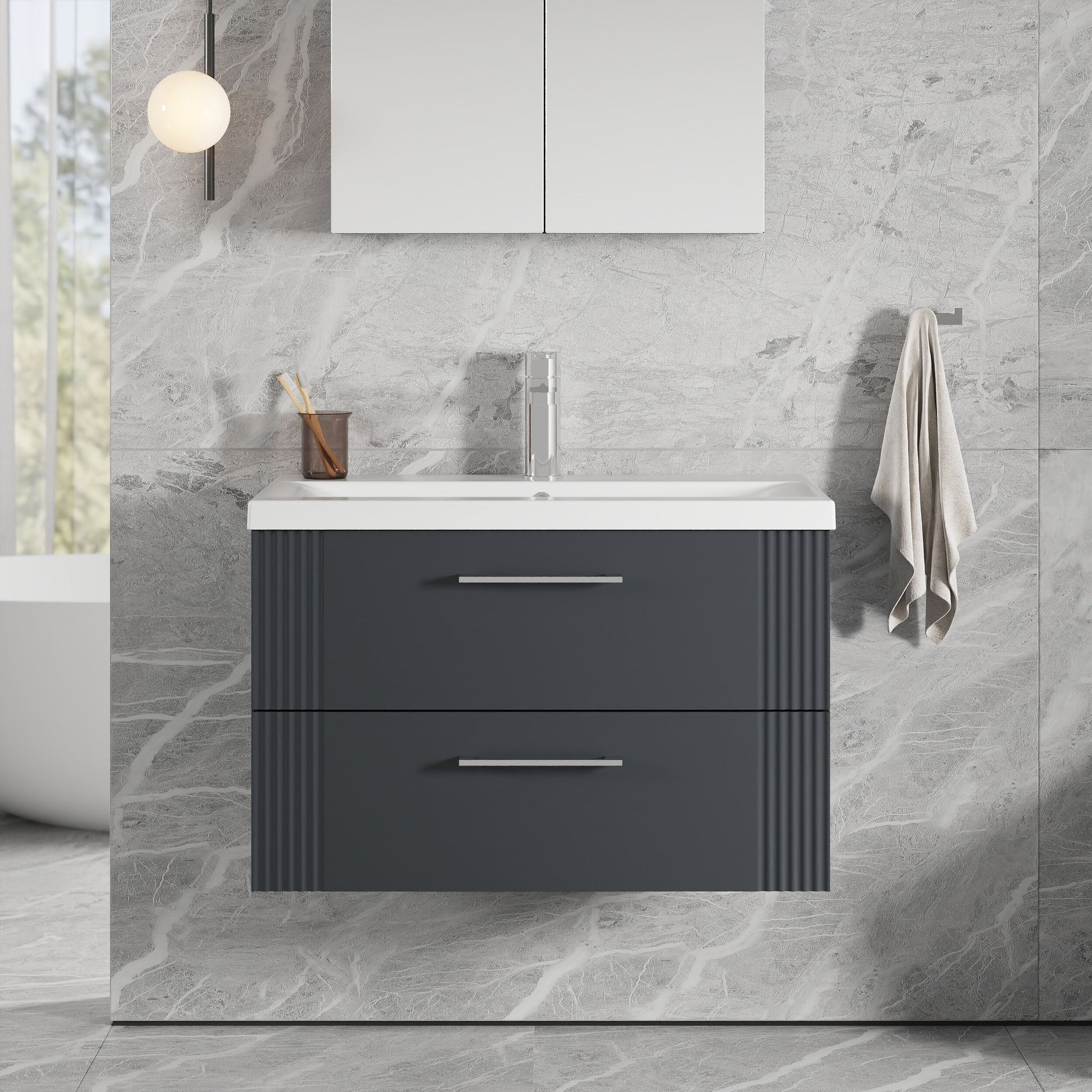 [BFPF1495A] Belvide Partial Fluted 2 Drawer Wall Hung Vanity Unit with Mid-Edge 1 Tap Hole Ceramic Basin - Lifestyle 1