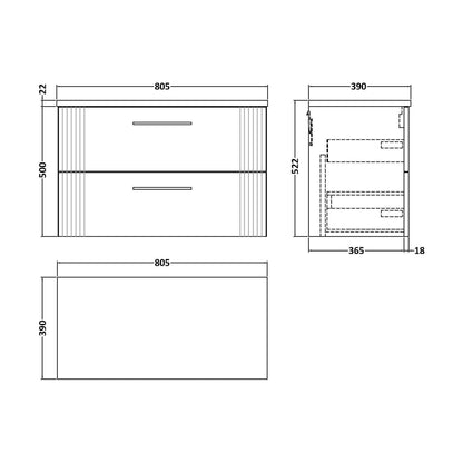 [BFPF1495LSW] Partial Fluted 2 Drawer Wall Hung Vanity Unit with Sparkling White Laminate Worktop - 800mm - Satin Dark Grey - Technical Drawing