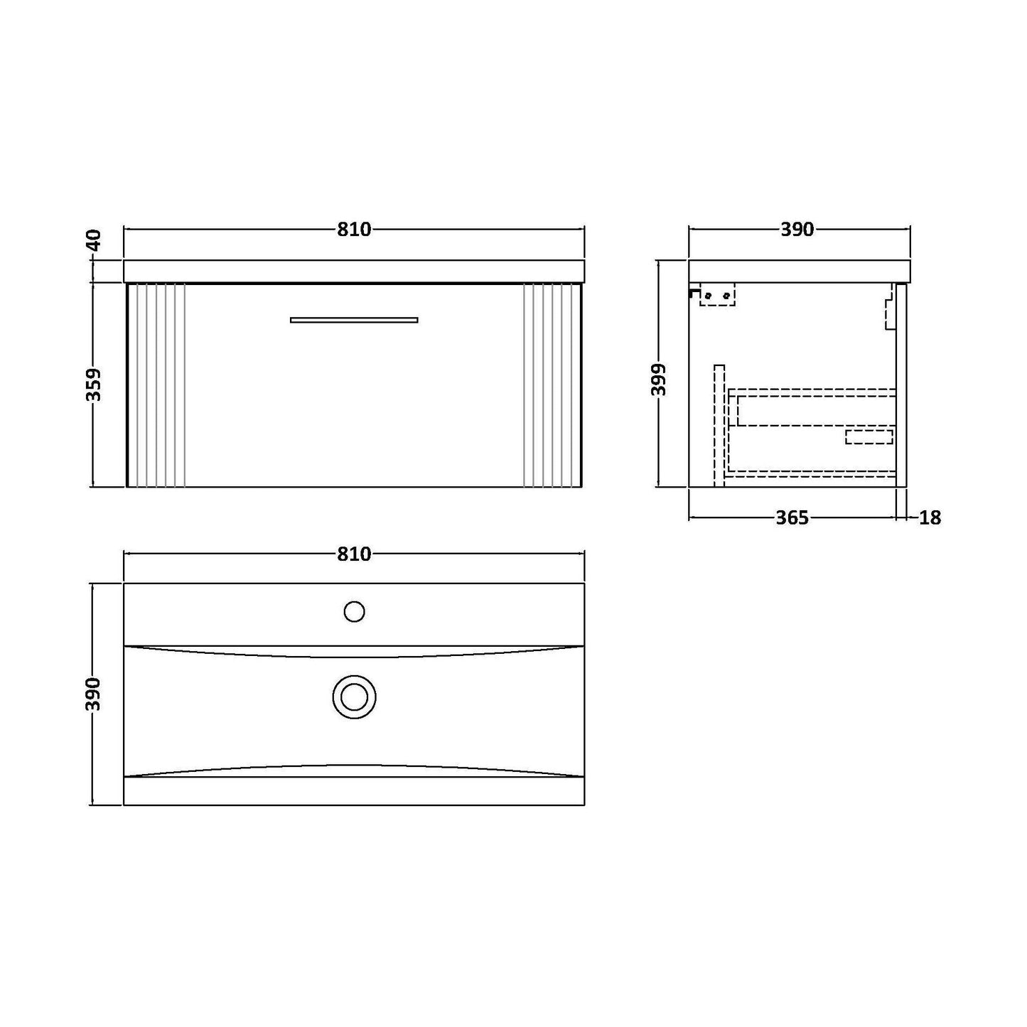 [BFPF1496A] Belvide Partial Fluted 1 Drawer Wall Hung Vanity Unit with Mid-Edge 1 Tap Hole Ceramic Basin - Technical Drawing