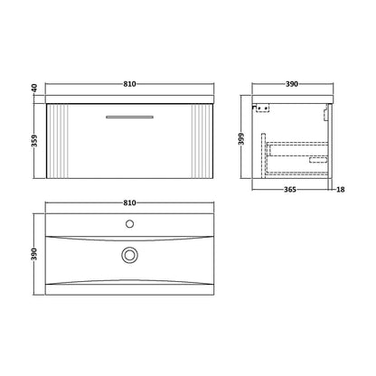 [BFPF1496A] Belvide Partial Fluted 1 Drawer Wall Hung Vanity Unit with Mid-Edge 1 Tap Hole Ceramic Basin - Technical Drawing