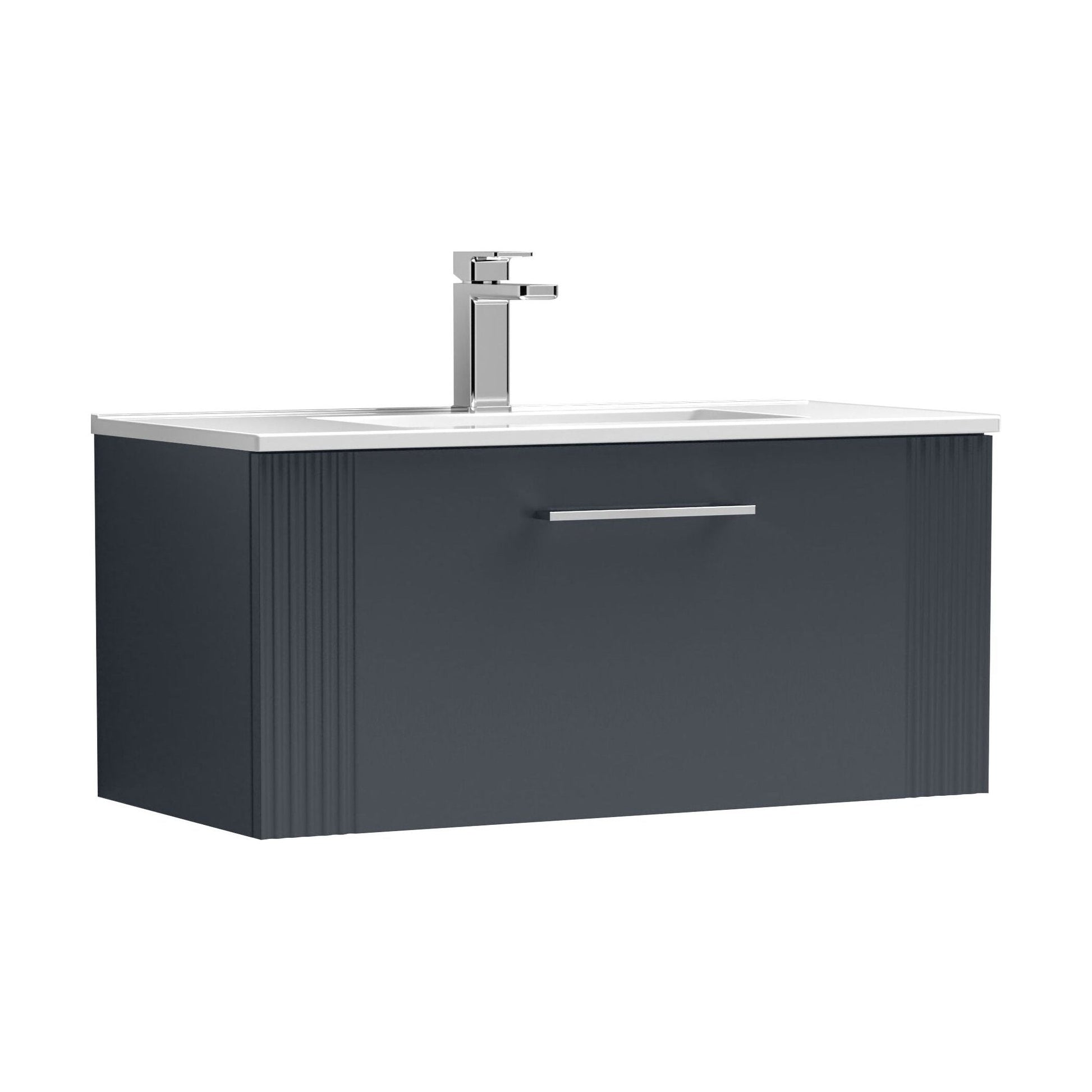 [BFPF1496B] Partial Fluted 1 Drawer Wall Hung Vanity Unit with 1 Tap Hole Minimalist Basin - 800mm - Satin Dark Grey - Cutout