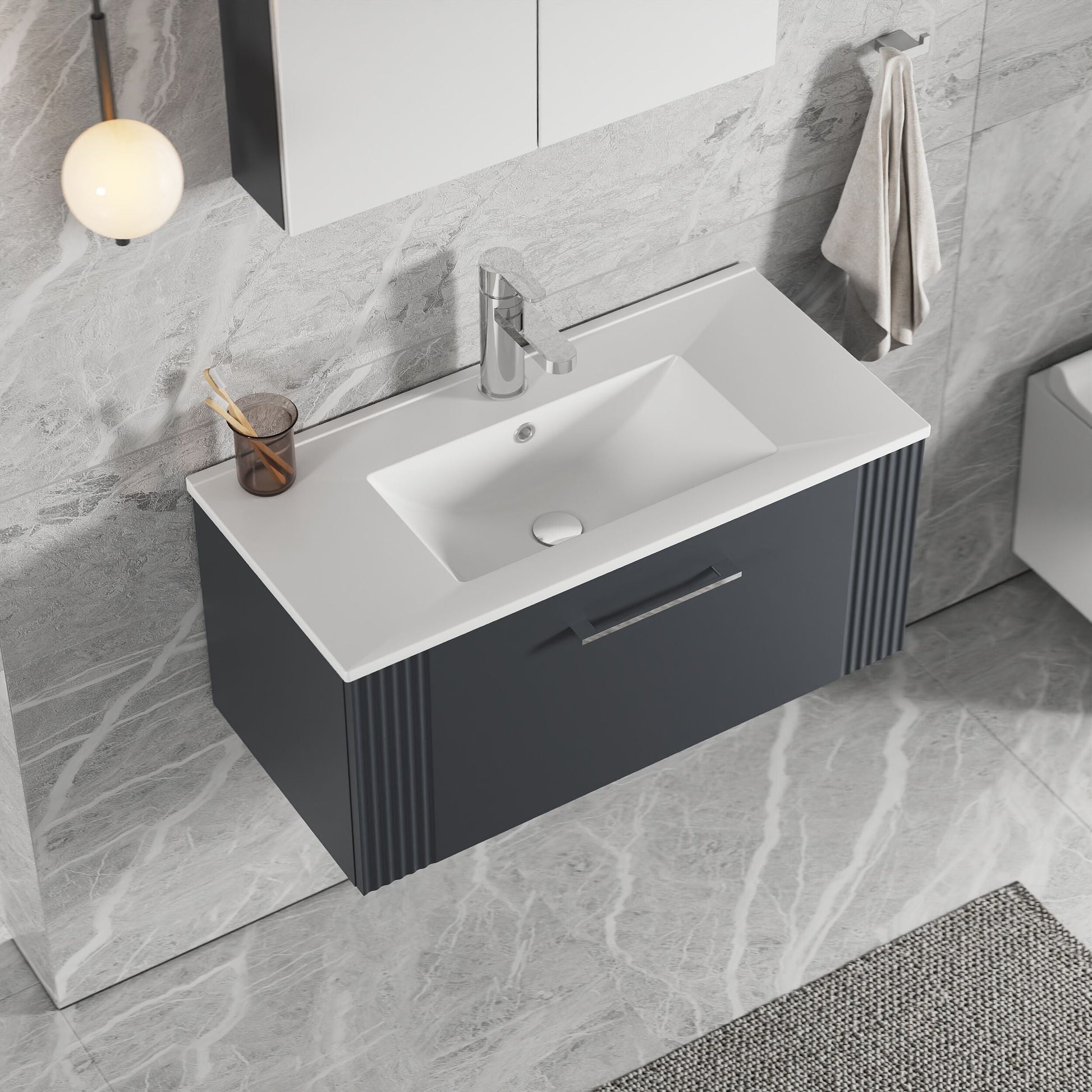 [BFPF1496B] Partial Fluted 1 Drawer Wall Hung Vanity Unit with 1 Tap Hole Minimalist Basin - 800mm - Satin Dark Grey - Lifestyle 2