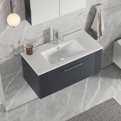 [BFPF1496B] Partial Fluted 1 Drawer Wall Hung Vanity Unit with 1 Tap Hole Minimalist Basin - 800mm - Satin Dark Grey - Lifestyle 2