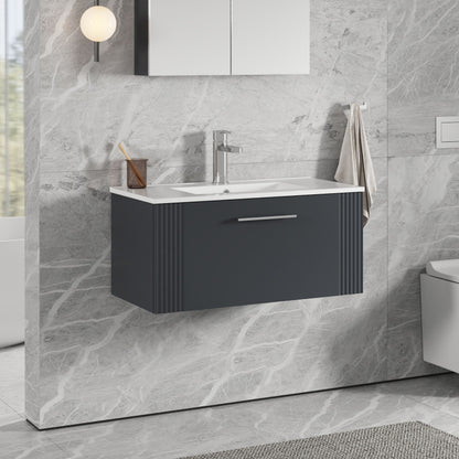 [BFPF1496B] Partial Fluted 1 Drawer Wall Hung Vanity Unit with 1 Tap Hole Minimalist Basin - 800mm - Satin Dark Grey - Lifestyle 3