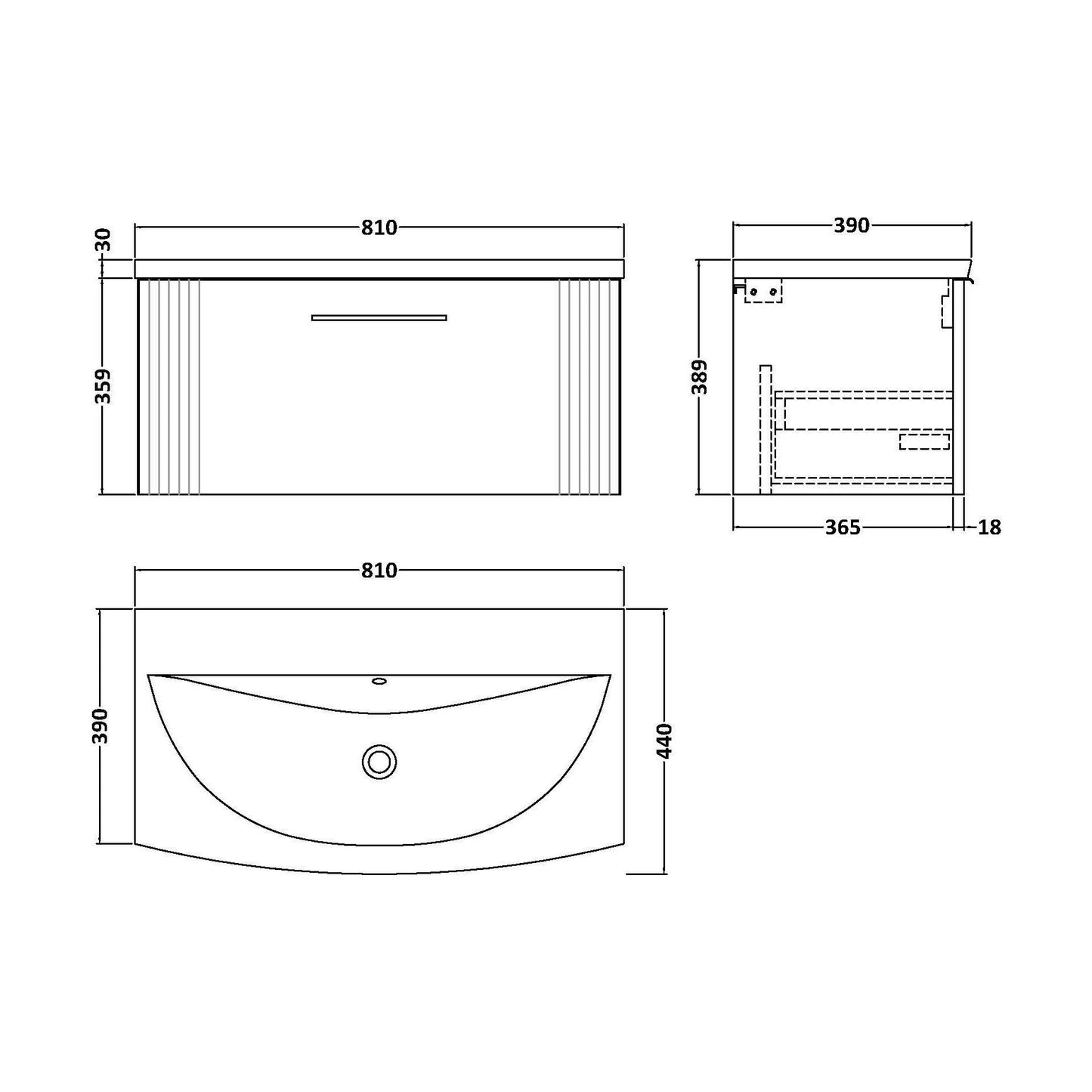 [BFPF1496G] Partial Fluted 1 Drawer Wall Hung Vanity Unit with 1 Tap Hole Curved Basin- 800mm - Satin Soft Black - Technical Drawing