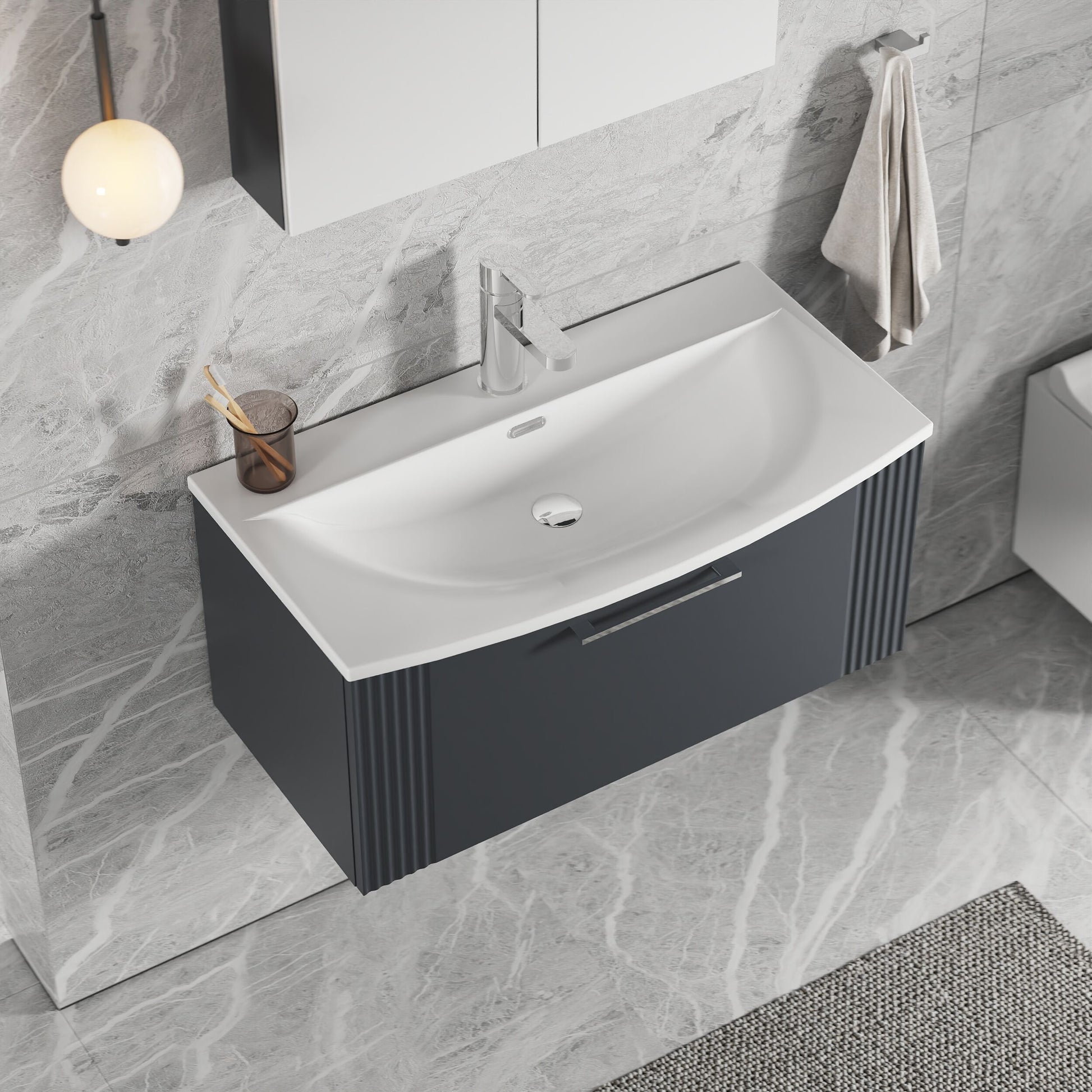 [BFPF1496G] Partial Fluted 1 Drawer Wall Hung Vanity Unit with 1 Tap Hole Curved Basin- 800mm - Satin Soft Black - Lifestyle 2
