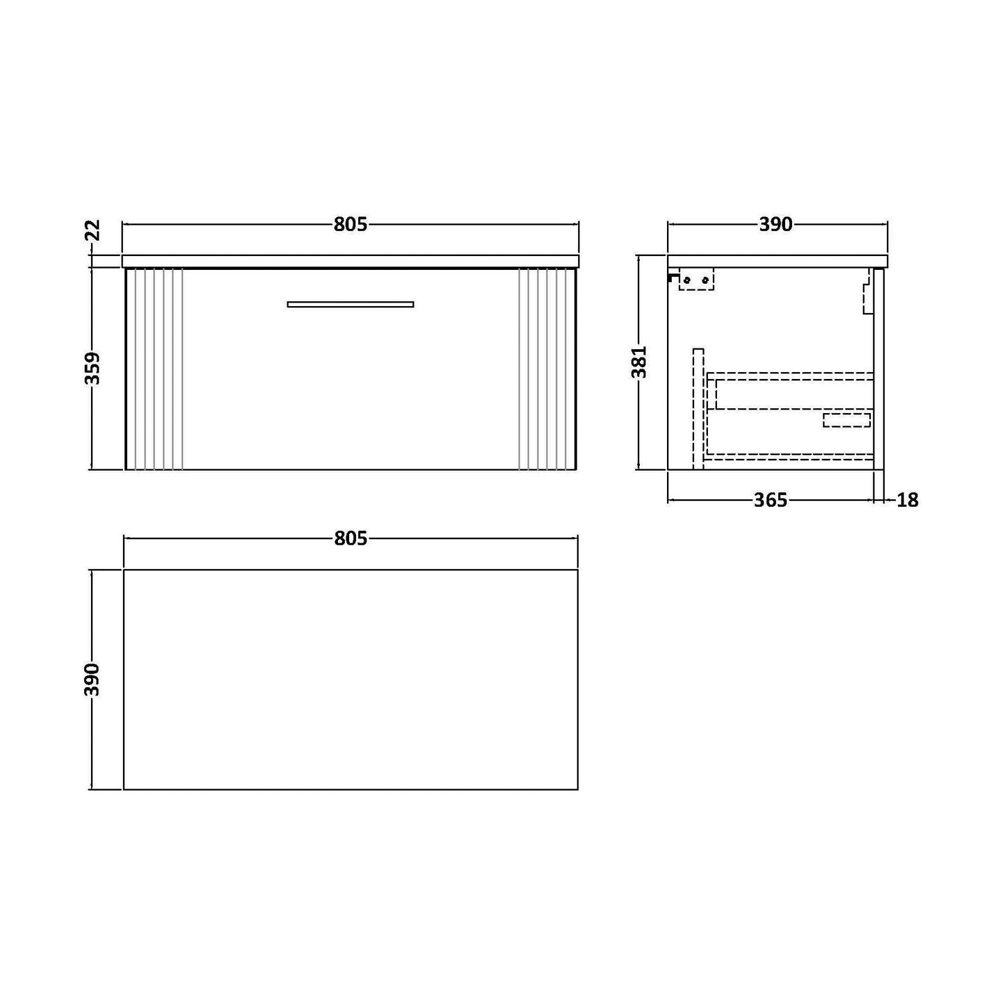 [BFPF1496LSW] Partial Fluted 1 Drawer Wall Hung Vanity Unit with Sparkling White Laminate Worktop - 800mm - Satin Dark Grey - Technical Drawing
