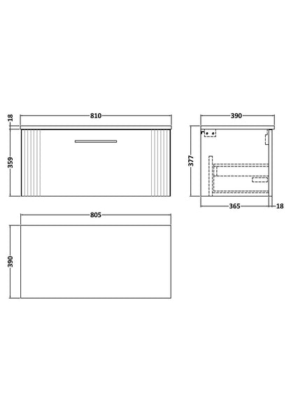 [BFPF1496W] Belvide Retro Partial Fluted 1 Drawer Wall Hung Vanity Unit with Colour Coordinating Worktop, Choice of Size and Colour - Line Drawing
