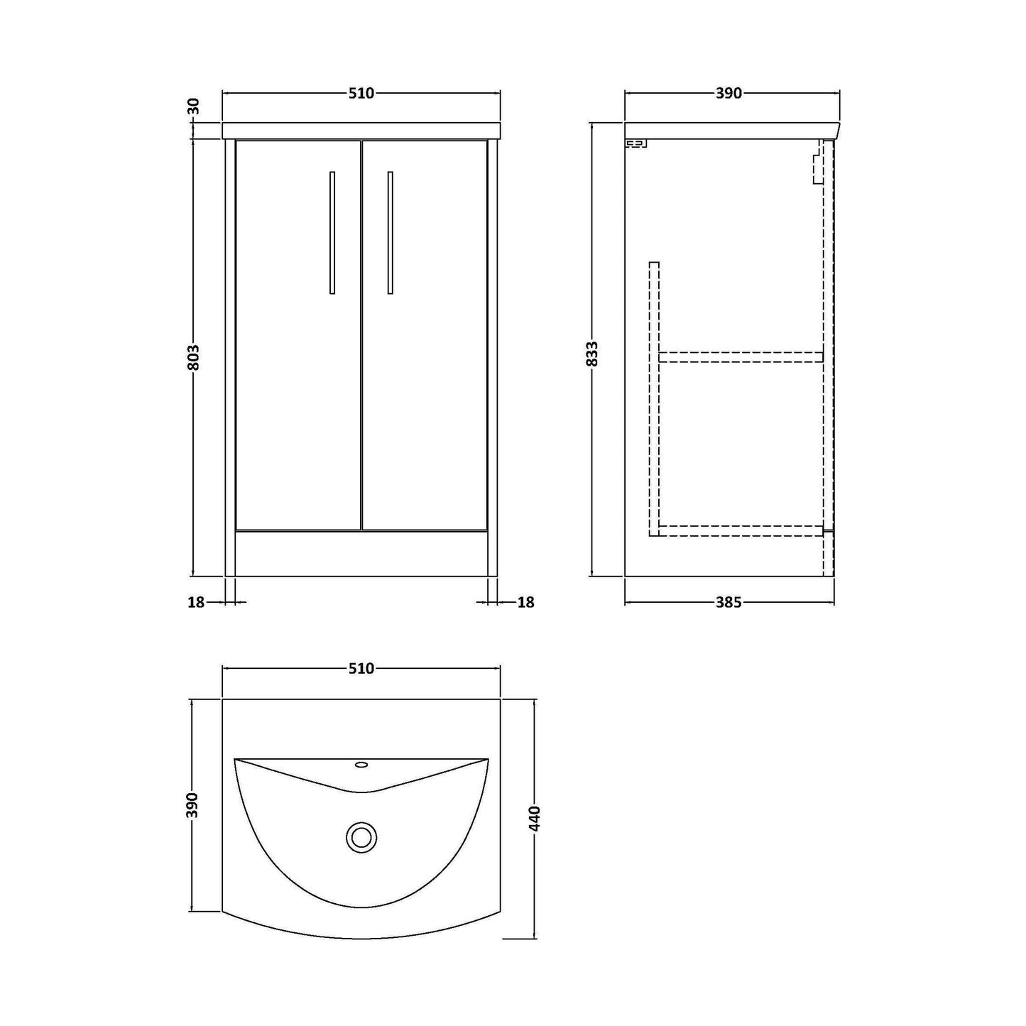 [BFPF1801G] Winshill Contemporary 2 Door Floor Standing Vanity Unit with Curved Basin, Light Oak, 500mm - Technical Drawing