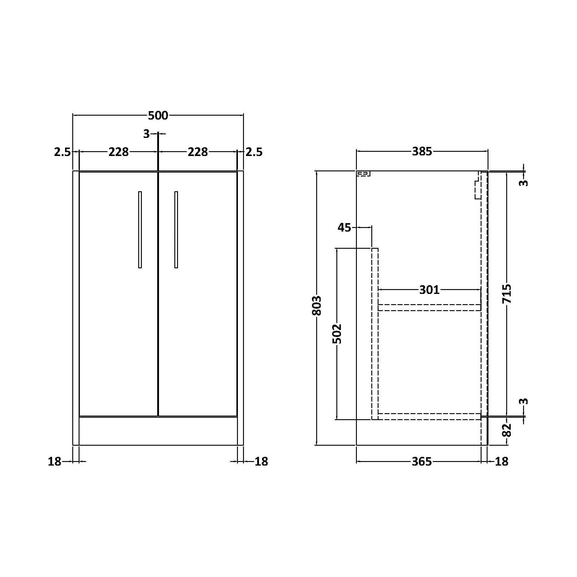 [BFPF1801] Winshill Floor Standing Vanity Unit - 500mm - Technical Drawing