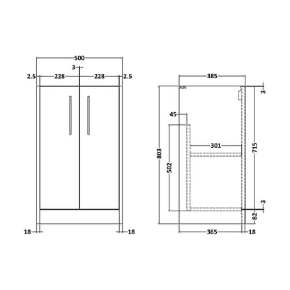 [BFPF1801] Winshill Floor Standing Vanity Unit - 500mm - Technical Drawing