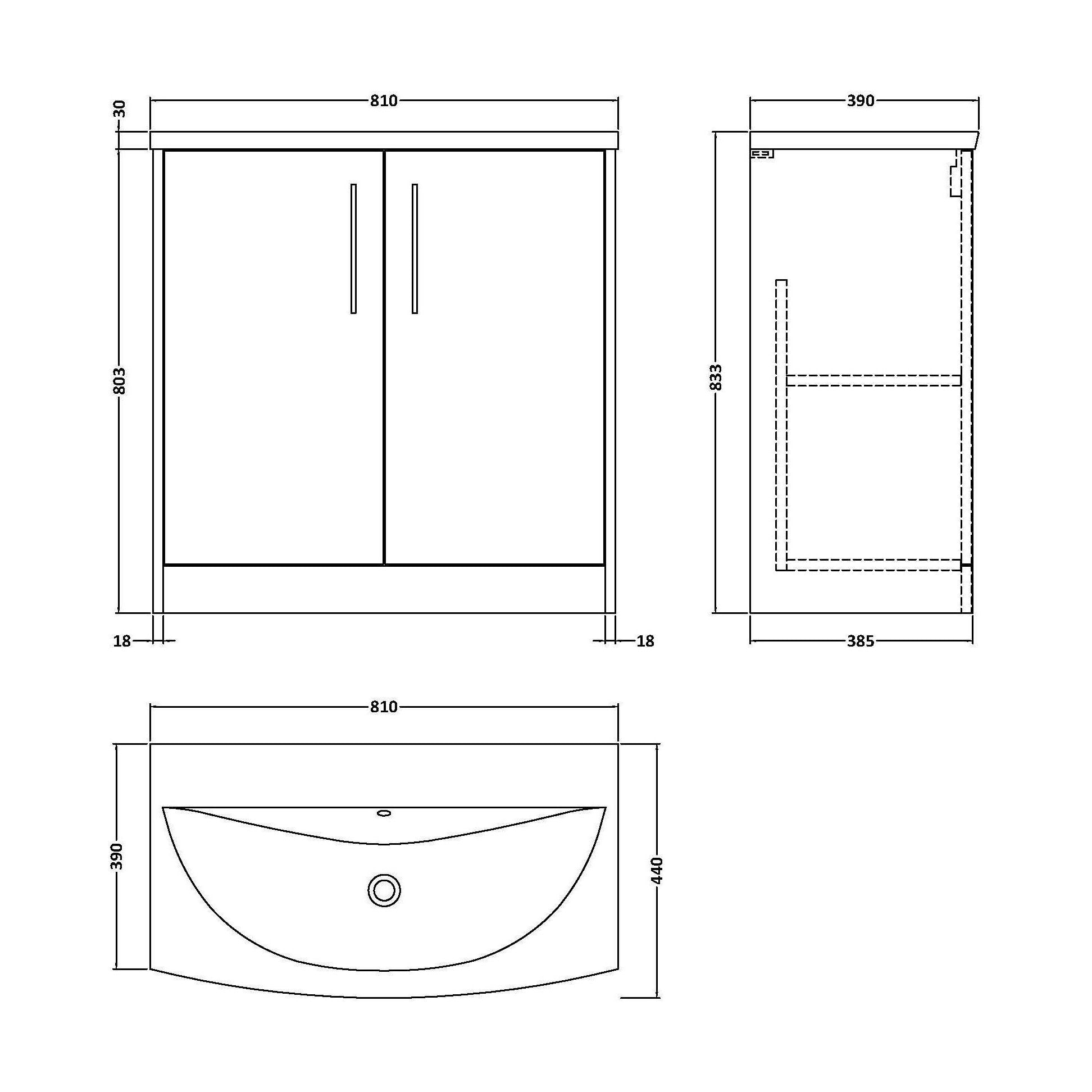 [BFPF1805G] Winshill Contemporary 2 Door Floor Standing Vanity Unit with Curved Basin, Light Oak, 800mm - Technical Drawing