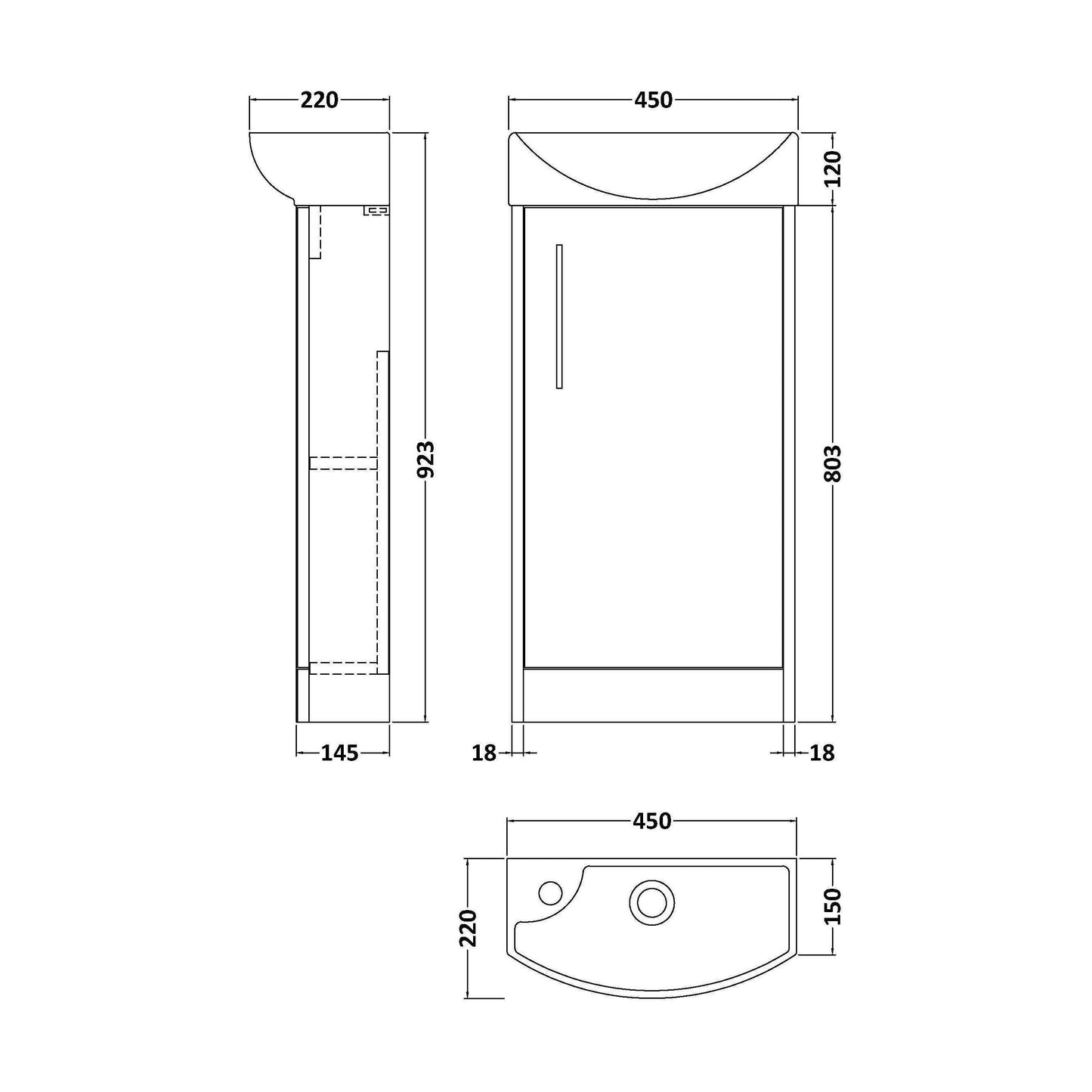 [BFPF1821R] Winshill Contemporary 1 Door Right-Hand Floor Standing Cloakroom Vanity Unit with Basin, Light Oak, 440mm - Technical Drawing