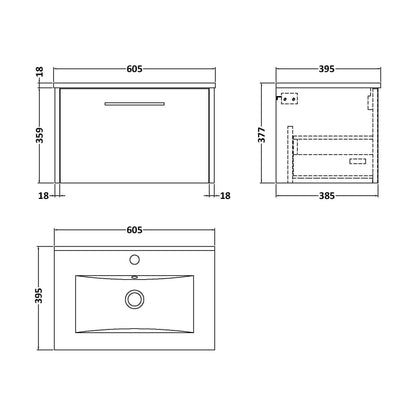 [BFPF1822B] Winshill Contemporary 1 Drawer Wall Hung Vanity Unit with Minimalist Basin, Light Oak, 600mm - Technical Drawing