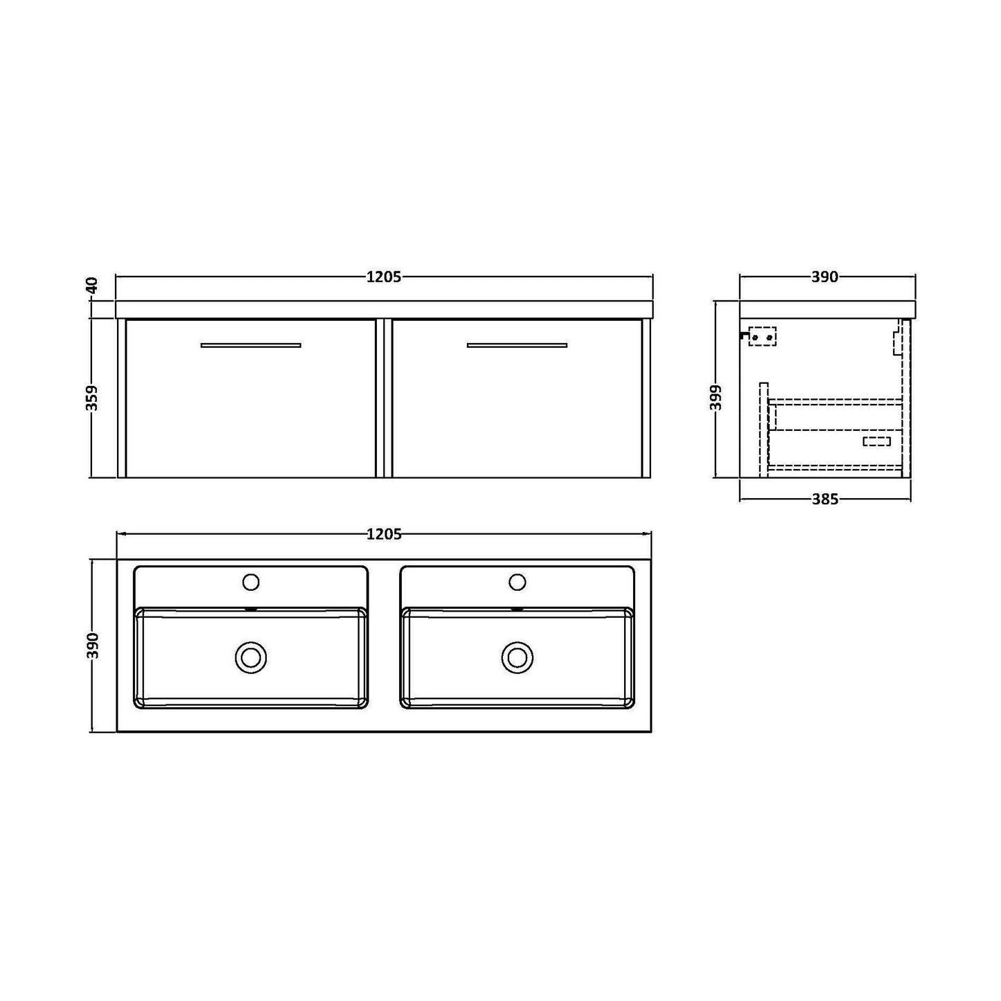 [BFPF1822C] Winshill Contemporary 2 Drawer Wall Hung Vanity Unit with Thin Edge Basin, Light Oak, 1200mm - Technical Drawing