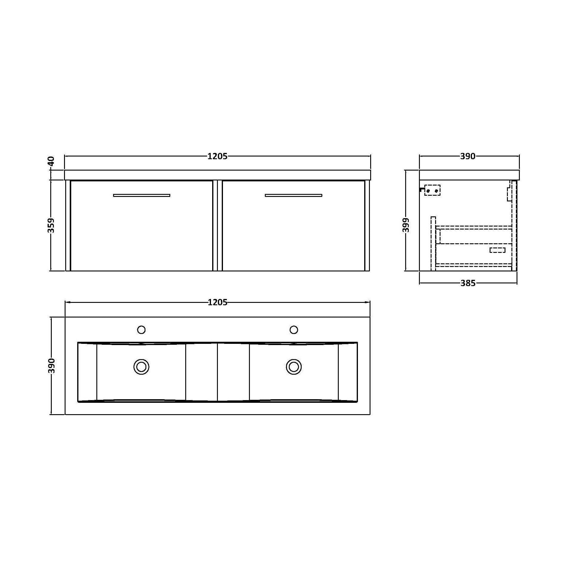[BFPF1822F] Winshill Contemporary 2 Drawer Wall Hung Vanity Unit with Double Basin, Light Oak, 1200mm - Technical Drawing