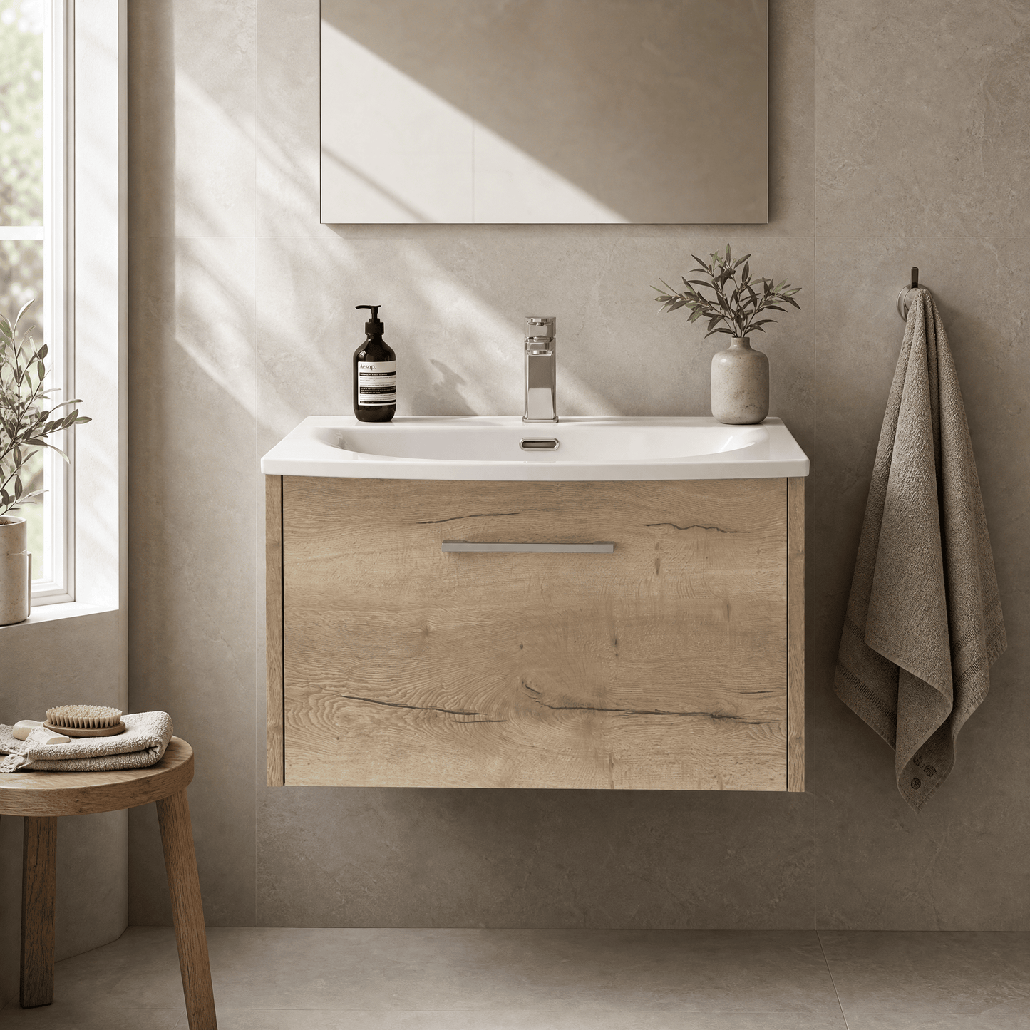 [BFPF1822G] Winshill Contemporary 1 Drawer Wall Hung Vanity Unit with Curved Basin, Light Oak, 600mm - Silo