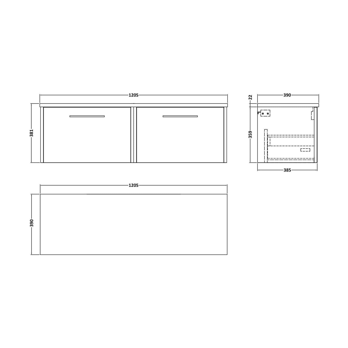 [BFPF1822LBG2] Winshill Contemporary Wall Hung Vanity Unit with Laminate Worktop, Light Oak, 1200mm - Technical Drawing