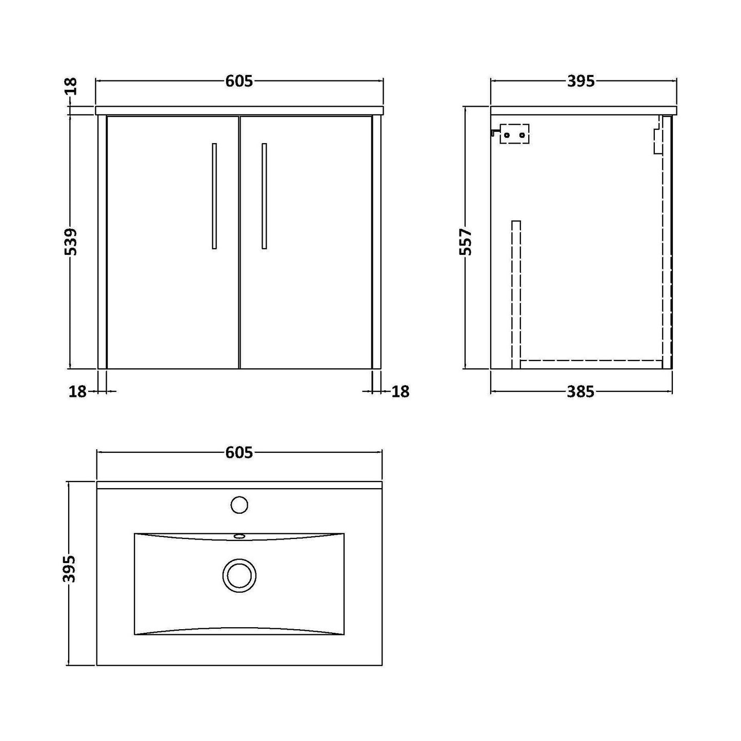 [BFPF1823B] Winshill Contemporary 2 Door Wall Hung Vanity Unit with Minimalist Basin, Light Oak, 600mm - Technical Drawing