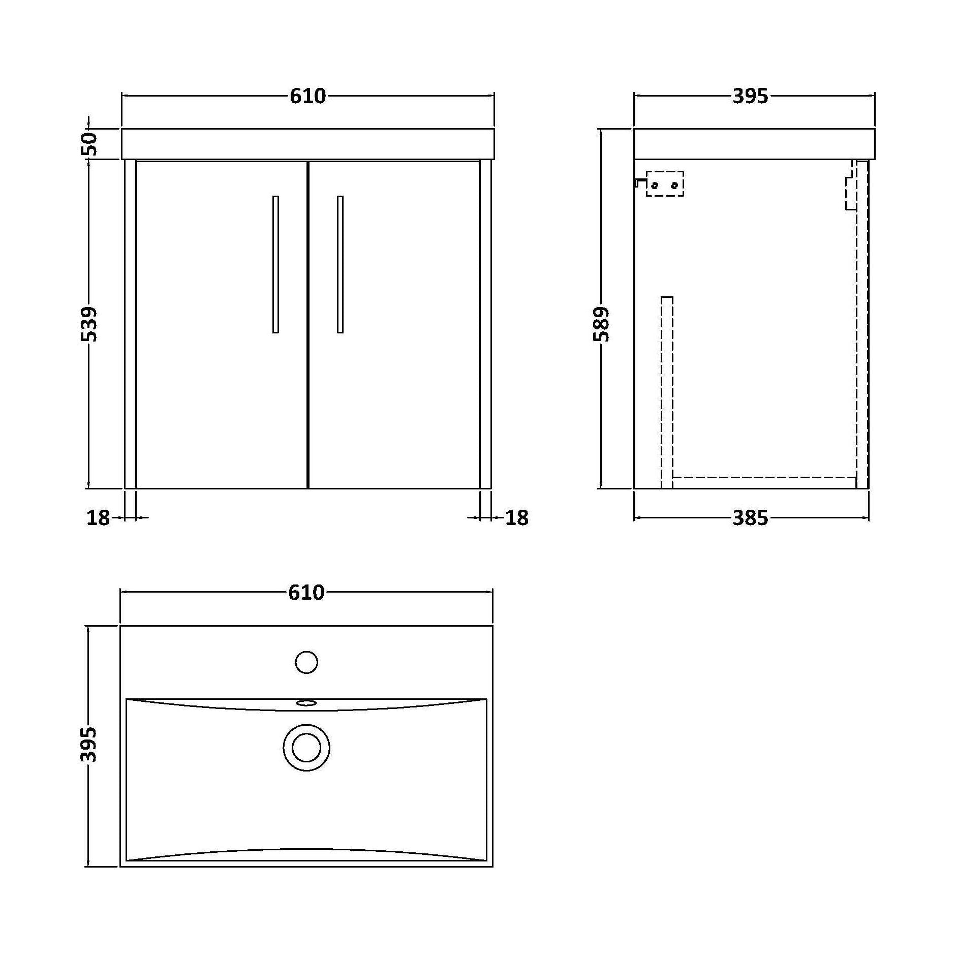 [BFPF1823D] Winshill Contemporary 2 Door Wall Hung Vanity Unit with Thin Edge Basin, Light Oak, 600mm - Technical Drawing