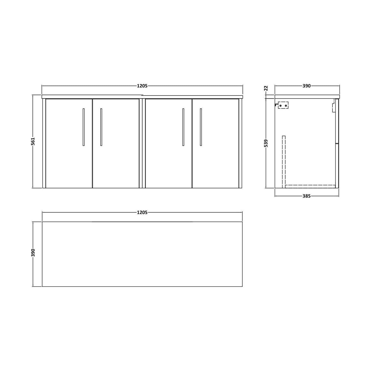 [BFPF1823LBG2] Winshill Contemporary Wall Hung Vanity Unit with Laminate Worktop, Light Oak, 1200mm - Technical Drawing