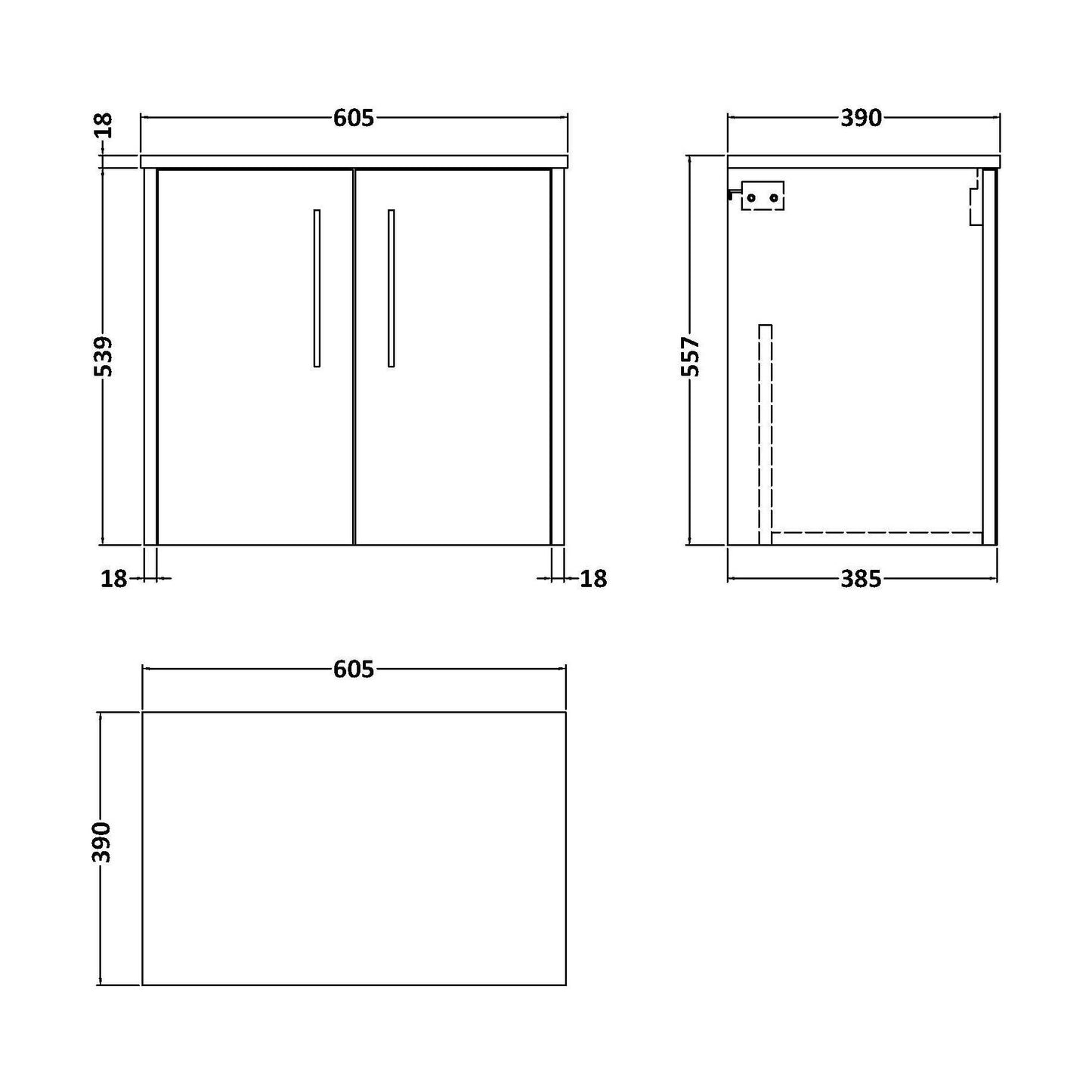 [BFPF1823W] Winshill Contemporary 2 Door Wall Hung Vanity Unit with Worktop, Light Oak, 600mm - Technical Drawing