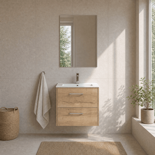 [BFPF1824B] Winshill Contemporary 2 Drawer Wall Hung Vanity Unit with Minimalist Basin, Light Oak, 600mm - Silo