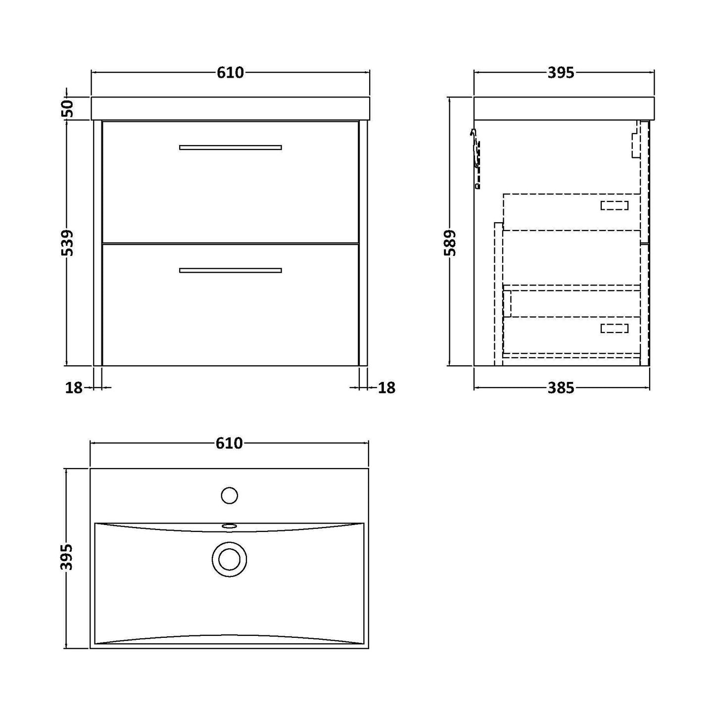 [BFPF1824D] Winshill Contemporary 2 Drawer Wall Hung Vanity Unit with Thin Edge Basin, Light Oak, 600mm - Technical Drawing
