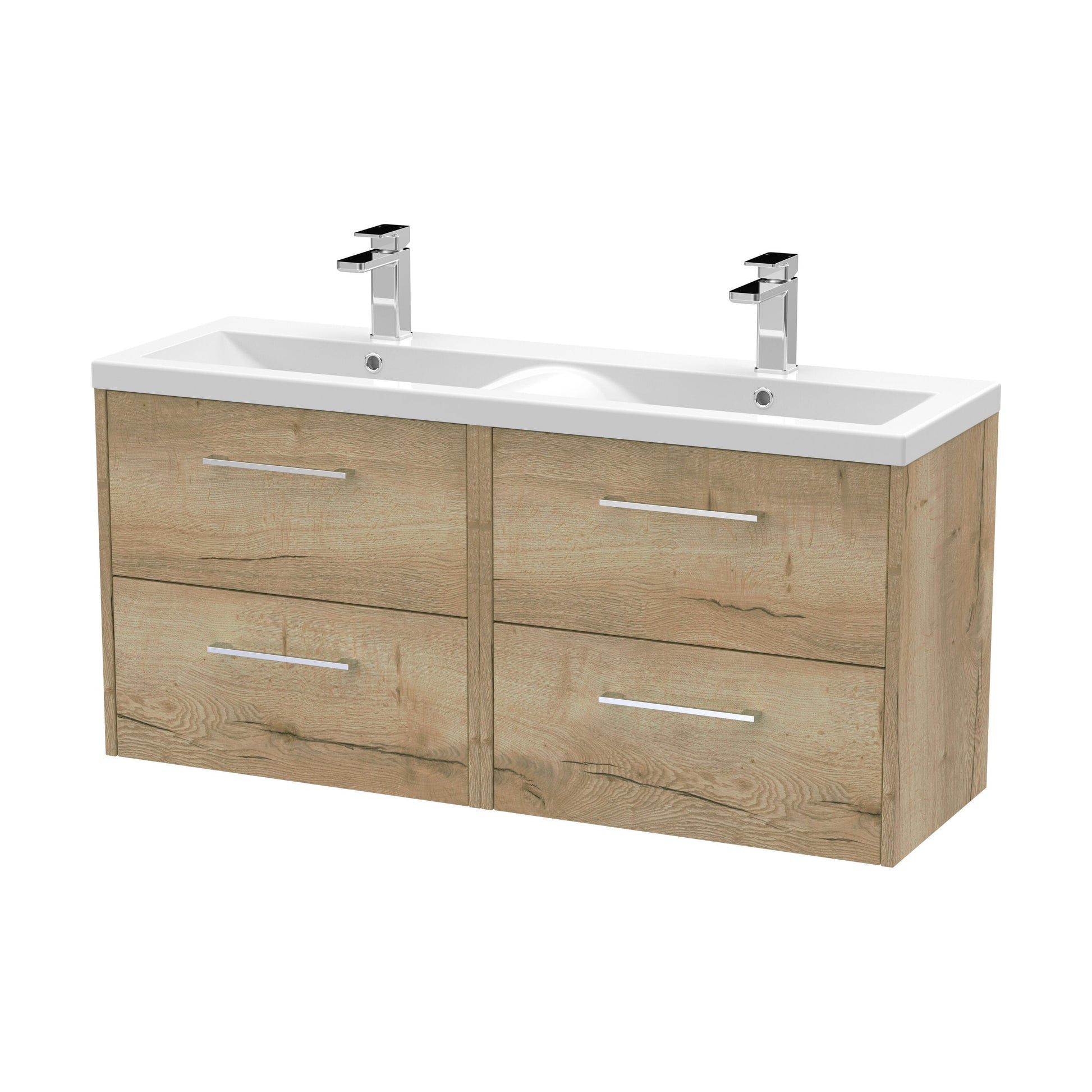 [BFPF1824F] Winshill Contemporary 4 Drawer Wall Hung Vanity Unit with Double Basin, Light Oak, 1200mm - Cutout