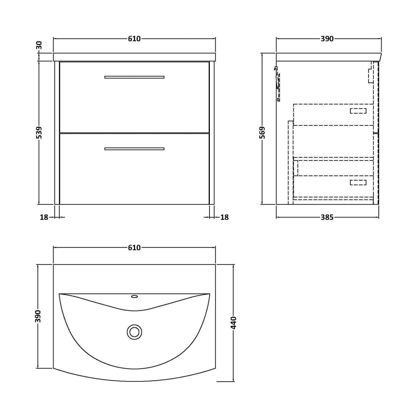 [BFPF1824G] Winshill Contemporary 2 Drawer Wall Hung Vanity Unit with Curved Basin, Light Oak, 600mm - Technical Drawing