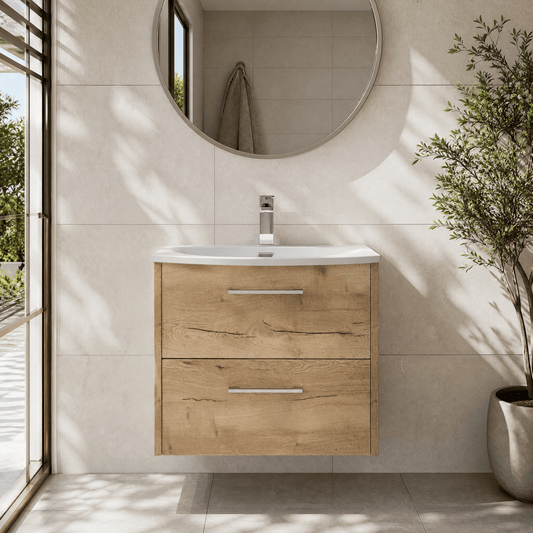 [BFPF1824G] Winshill Contemporary 2 Drawer Wall Hung Vanity Unit with Curved Basin, Light Oak, 600mm - Silo