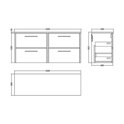 [BFPF1824W2] Winshill Contemporary 4 Drawer Wall Hung Vanity Unit with Worktop, Light Oak, 1200mm - Technical Drawing