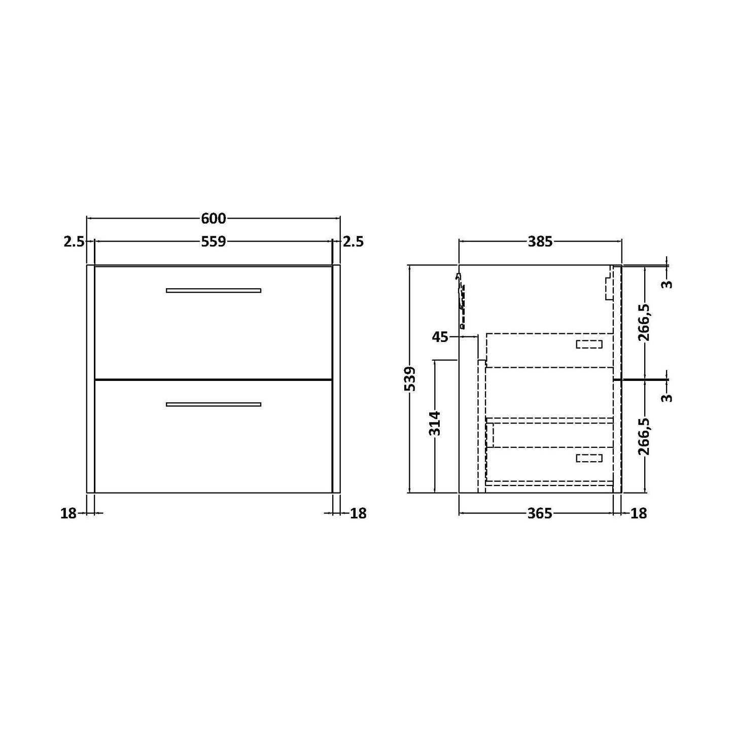 [BFPF1824] Winshill Wall Hung Vanity Unit - 600mm - Technical Drawing