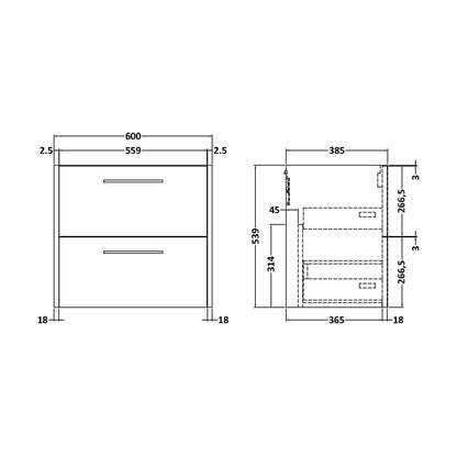 [BFPF1824] Winshill Wall Hung Vanity Unit - 600mm - Technical Drawing