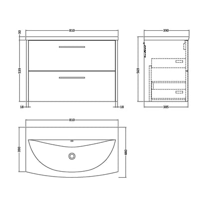 [BFPF1826G] Winshill Contemporary 2 Drawer Wall Hung Vanity Unit with Curved Basin, Light Oak, 800mm - Technical Drawing
