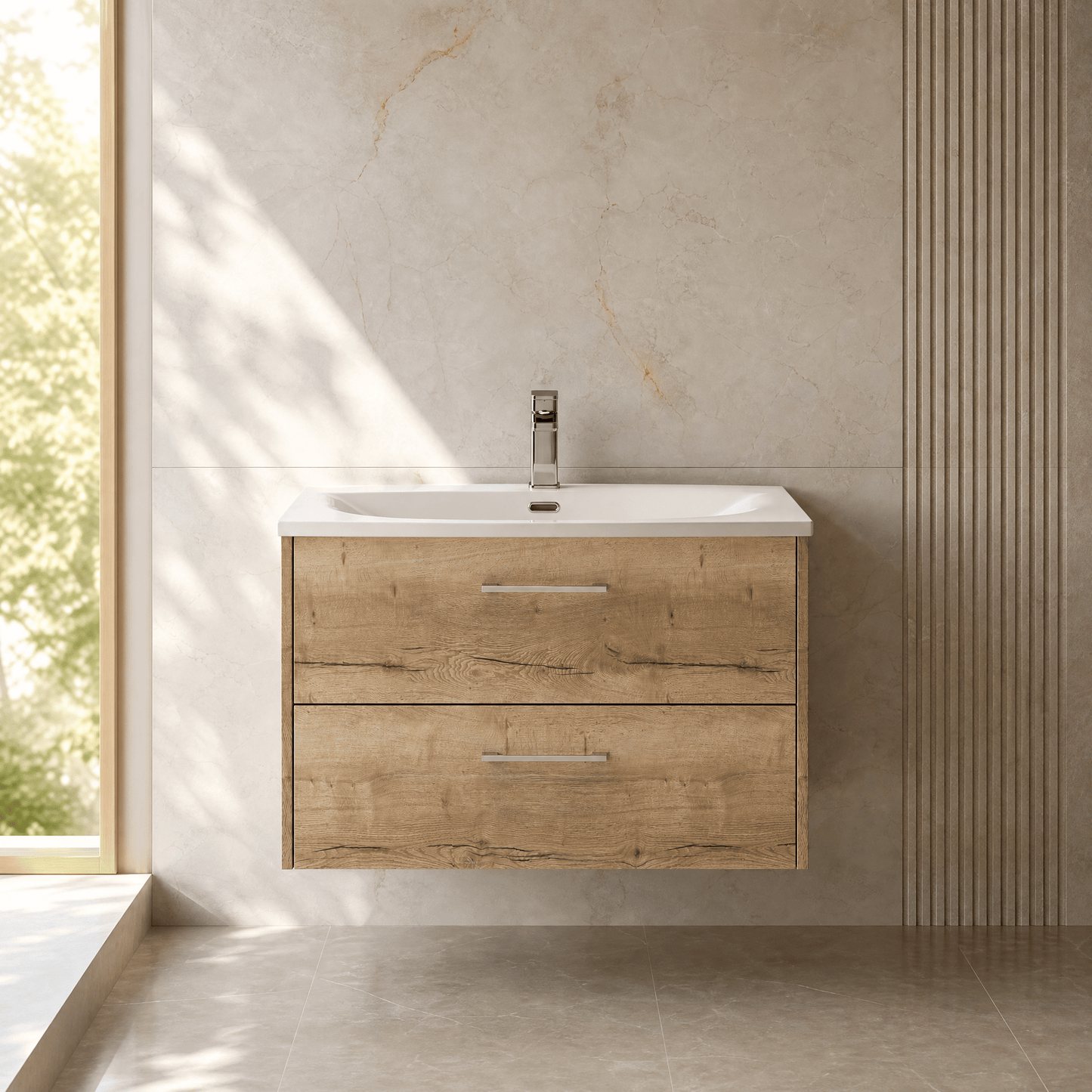 [BFPF1826G] Winshill Contemporary 2 Drawer Wall Hung Vanity Unit with Curved Basin, Light Oak, 800mm - Silo