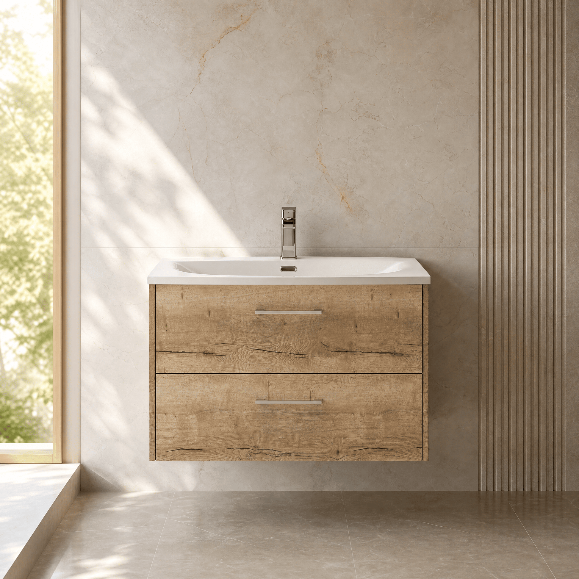 [BFPF1826G] Winshill Contemporary 2 Drawer Wall Hung Vanity Unit with Curved Basin, Light Oak, 800mm - Silo