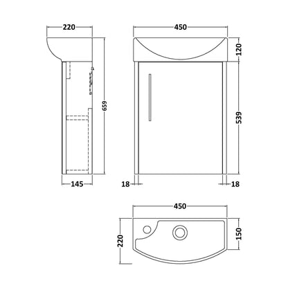 [BFPF1861R] Winshill Contemporary 1 Door Right-Hand Wall Hung Cloakroom Vanity Unit with Basin, Light Oak, 440mm - Technical Drawing