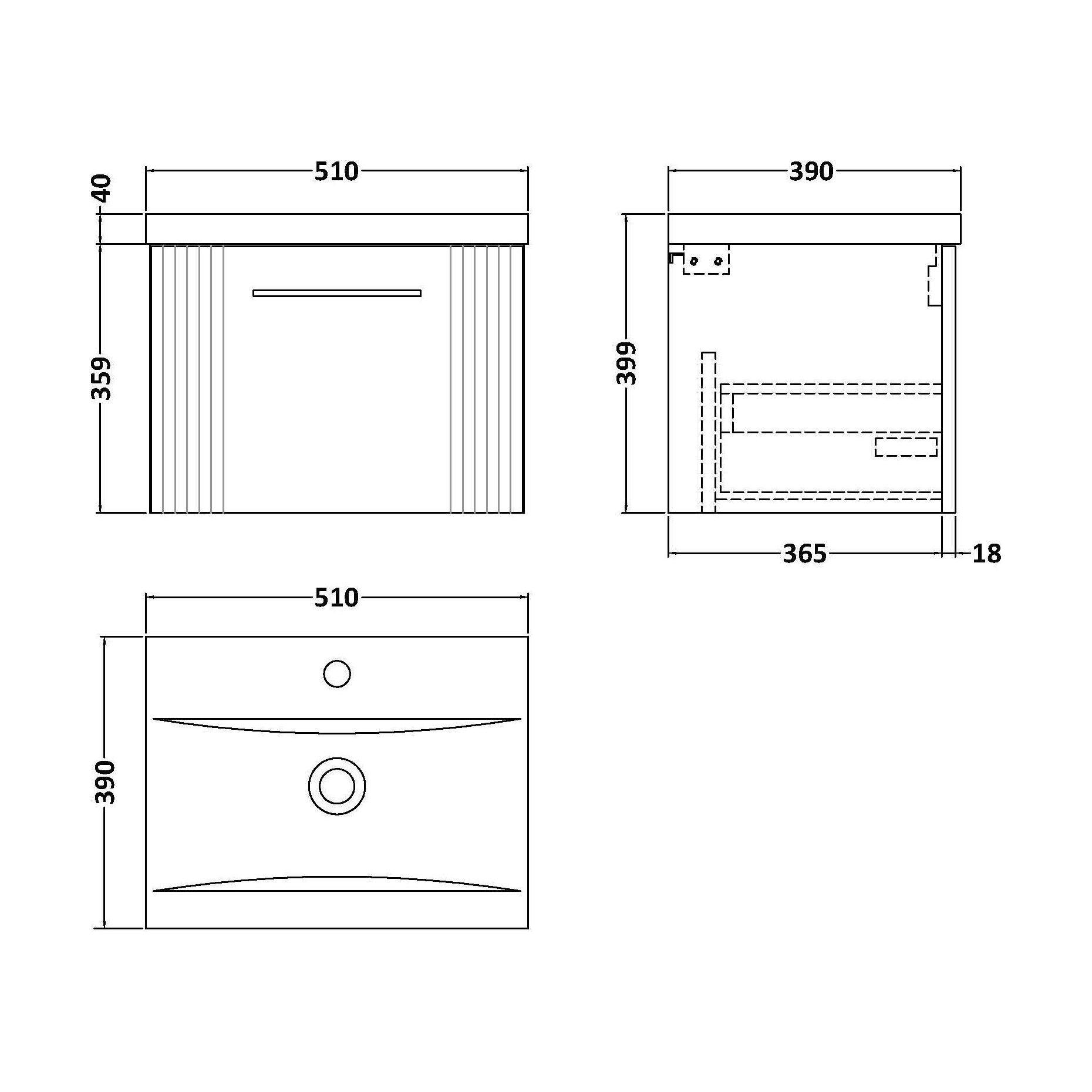 [BFPF191A] Belvide Partial Fluted 1 Drawer Wall Hung Vanity Unit with Mid-Edge 1 Tap Hole Ceramic Basin - Technical Drawing