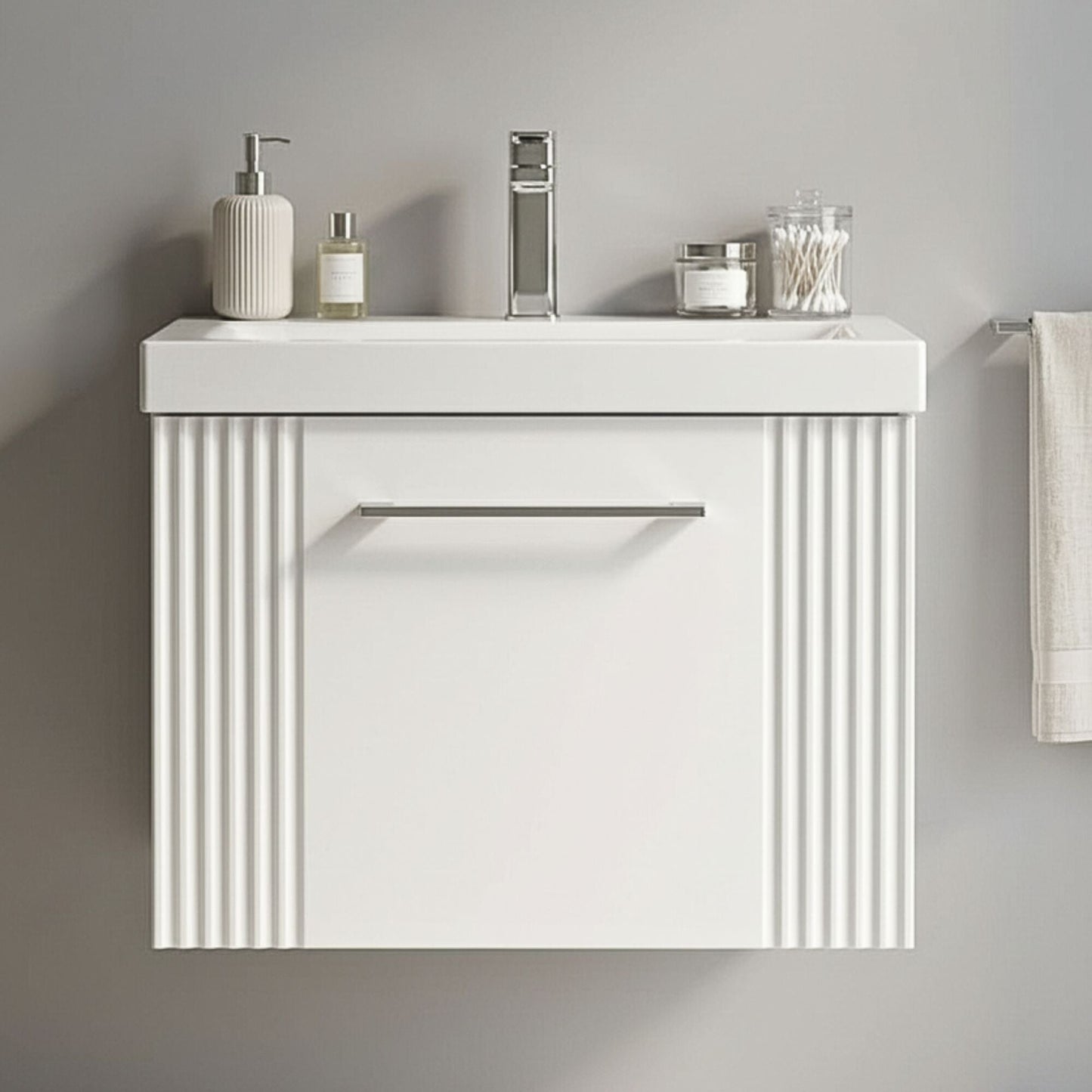 [BFPF191A] Belvide Partial Fluted 1 Drawer Wall Hung Vanity Unit with Mid-Edge 1 Tap Hole Ceramic Basin - Silo