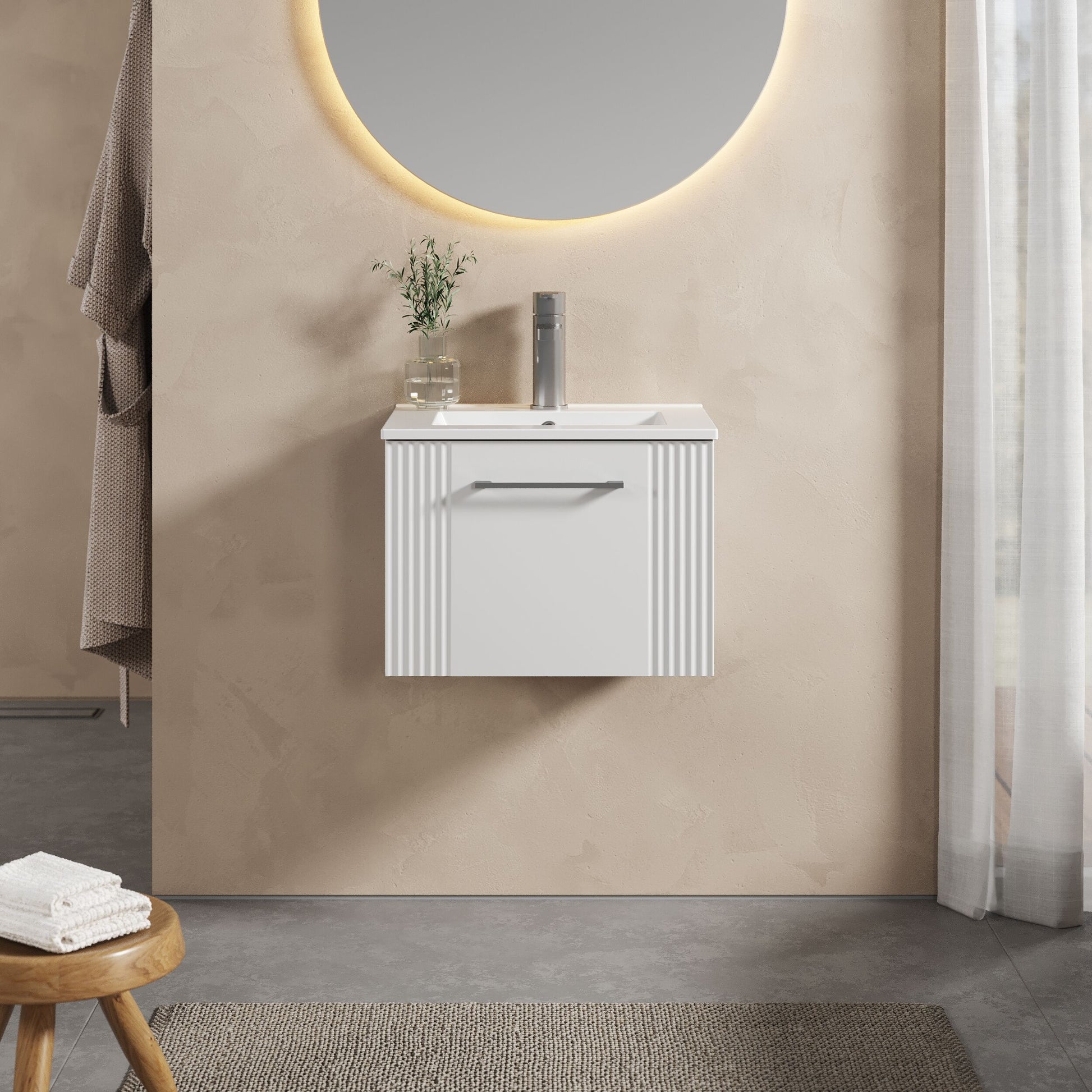 [BFPF191B] Partial Fluted 1 Drawer Wall Hung Vanity Unit with 1 Tap Hole Minimalist Basin - 500mm - Satin White - Lifestyle 1