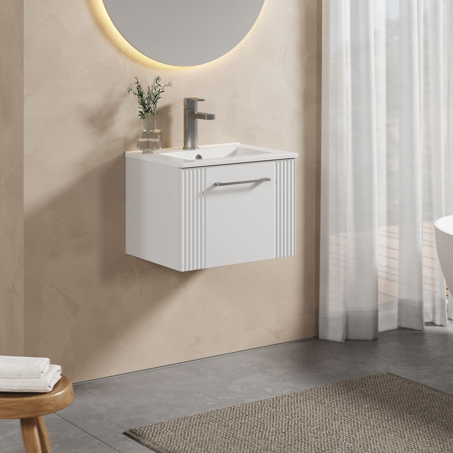 [BFPF191B] Partial Fluted 1 Drawer Wall Hung Vanity Unit with 1 Tap Hole Minimalist Basin - 500mm - Satin White - Lifestyle 3