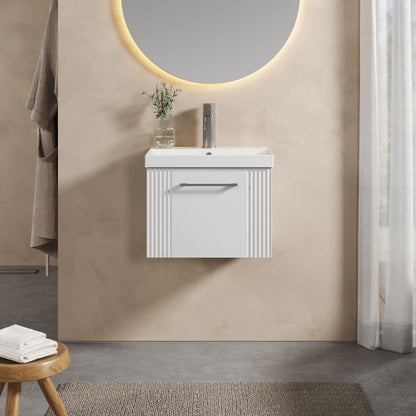 [BFPF191D] Partial Fluted 1 Drawer Wall Hung Vanity Unit with 1 Tap Hole Thin-Edge Basin- 500mm - Satin White - Lifestyle 1