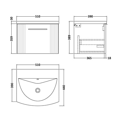 [BFPF191G] Partial Fluted 1 Drawer Wall Hung Vanity Unit with 1 Tap Hole Curved Basin- 500mm - Satin White - Technical Drawing